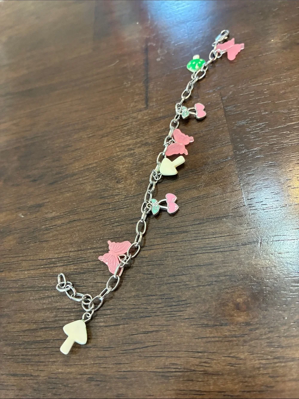 Kids Pink and Cream Charm Bracelet - Cute Mushroom & Bow Accents